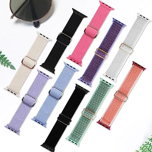 10 Pack Braided Nylon Band Compatible with Apple Watch Band 42mm 44mm 45mm for Women Men, Adjustable Sport Stretchy Replacement Strap for iWatch Series 9 8 7 6 5 4 3 2 1 SE