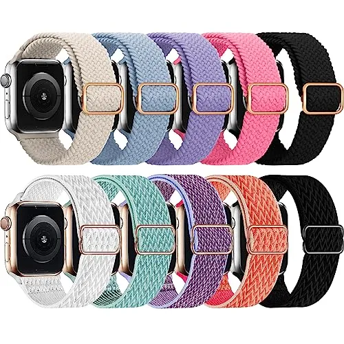 10 Pack Braided Nylon Band Compatible with Apple Watch Band 42mm 44mm 45mm for Women Men, Adjustable Sport Stretchy Replacement Strap for iWatch Series 9 8 7 6 5 4 3 2 1 SE