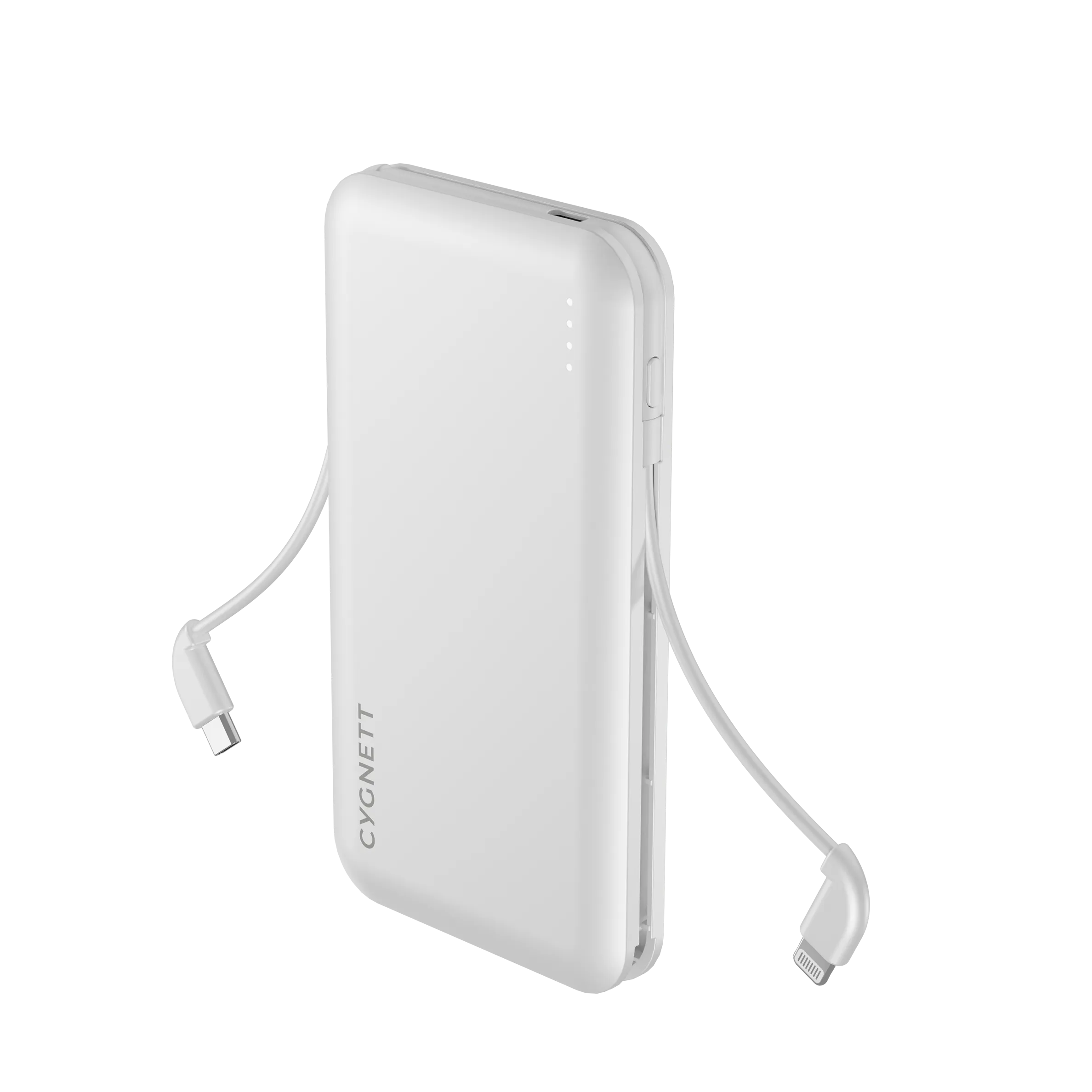 10,000 mAh Power Bank With Integrated Charging Cables - White