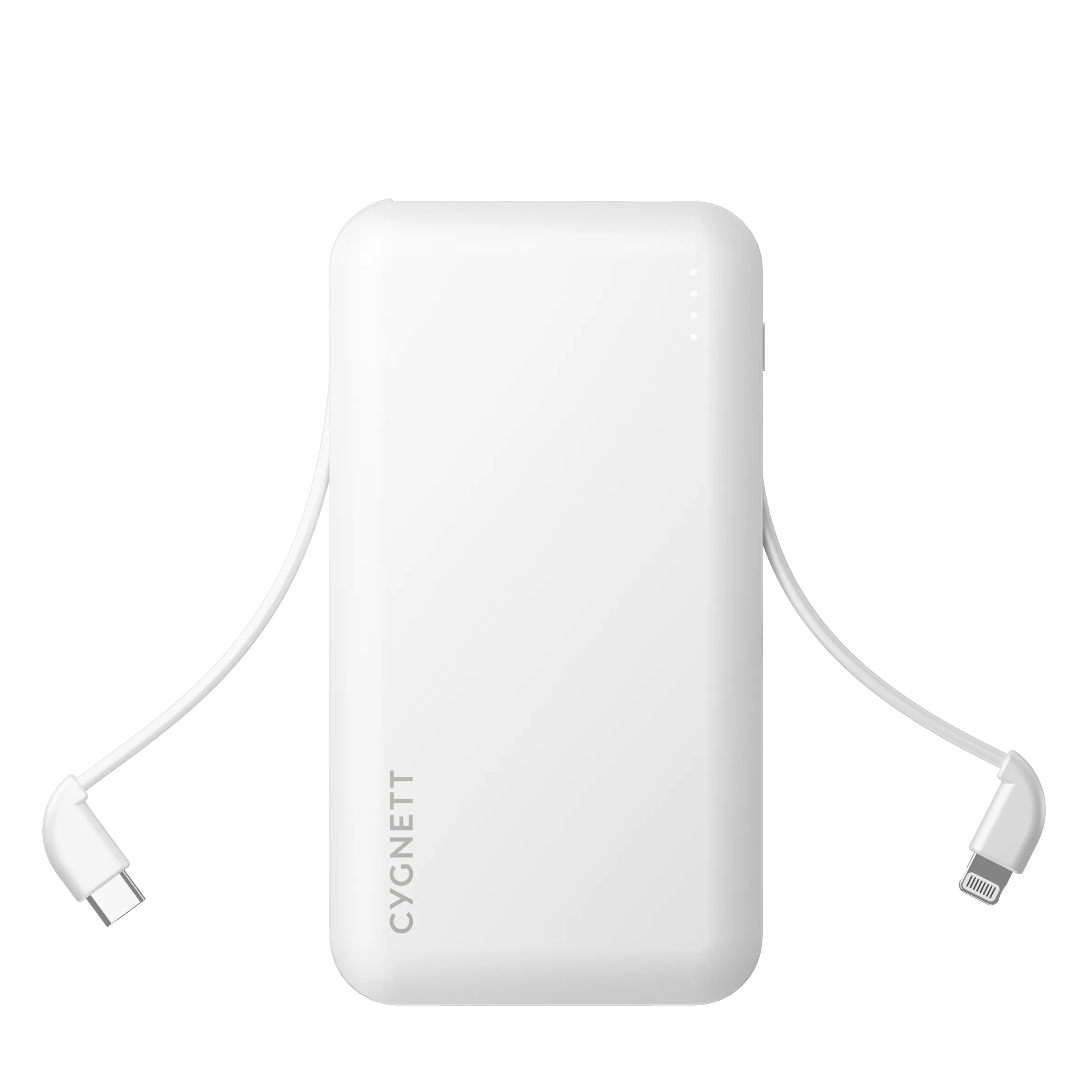 10,000 mAh Power Bank With Integrated Charging Cables - White