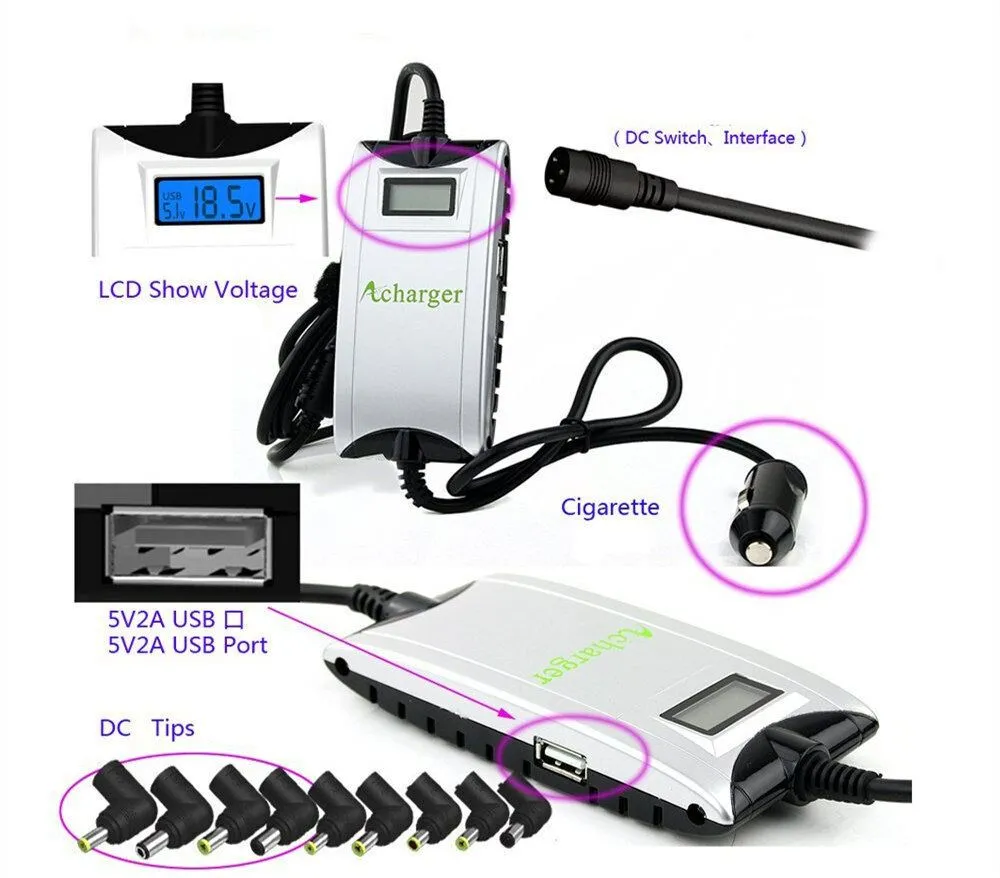 100W Universal Automatic LCD Notebook Power Adapter Laptop & 2A USB Car Charger