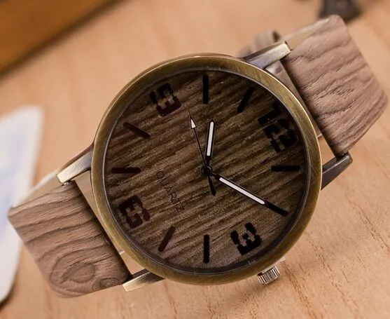 2016 New Design Vintage Wood Grain Watches for Men Women Fashion Quartz Watch Faux Leather Unisex Casual Wristwatches Gift