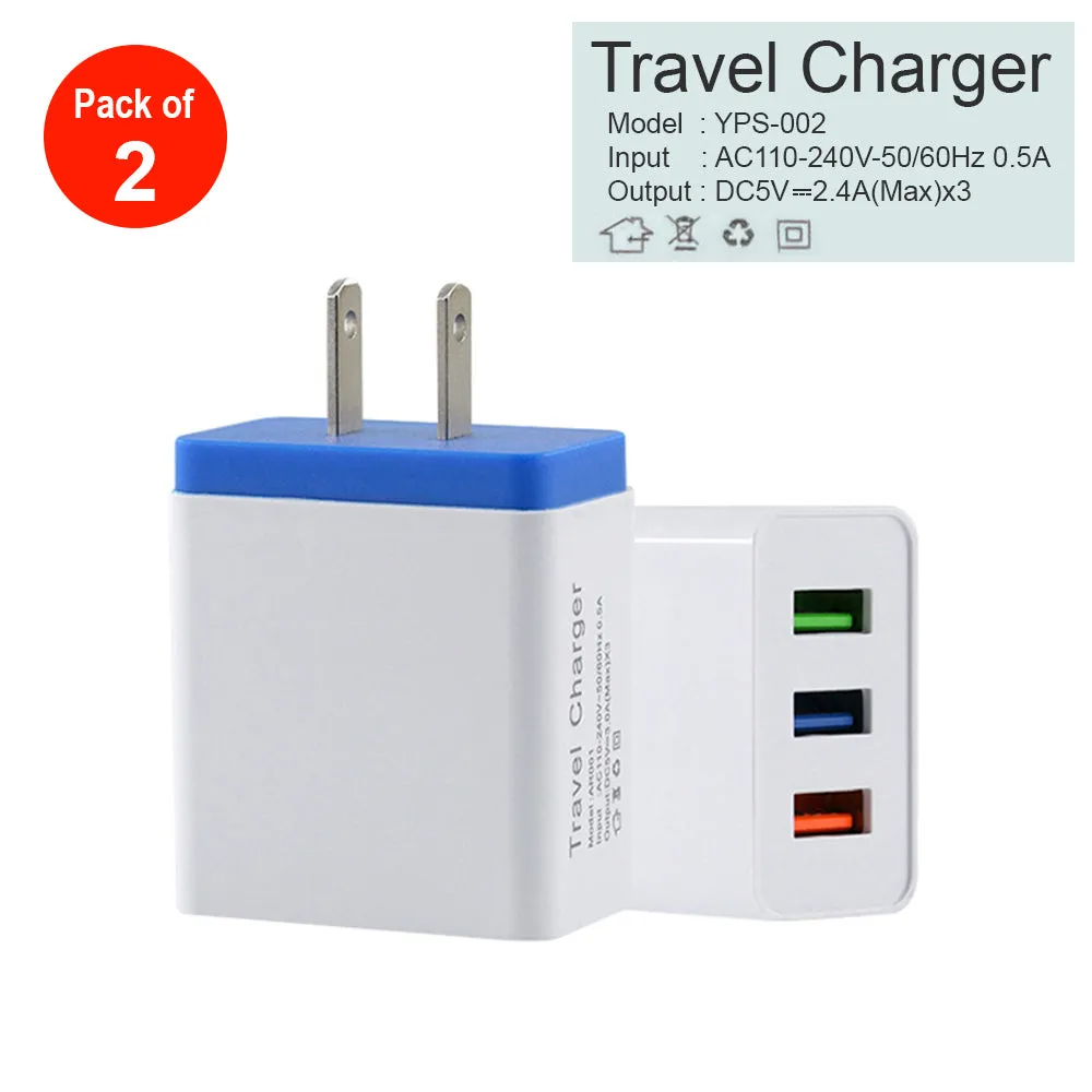 2.4A Metal Circle 3 USB Wall Charger AC Power Adapter - pack of 2