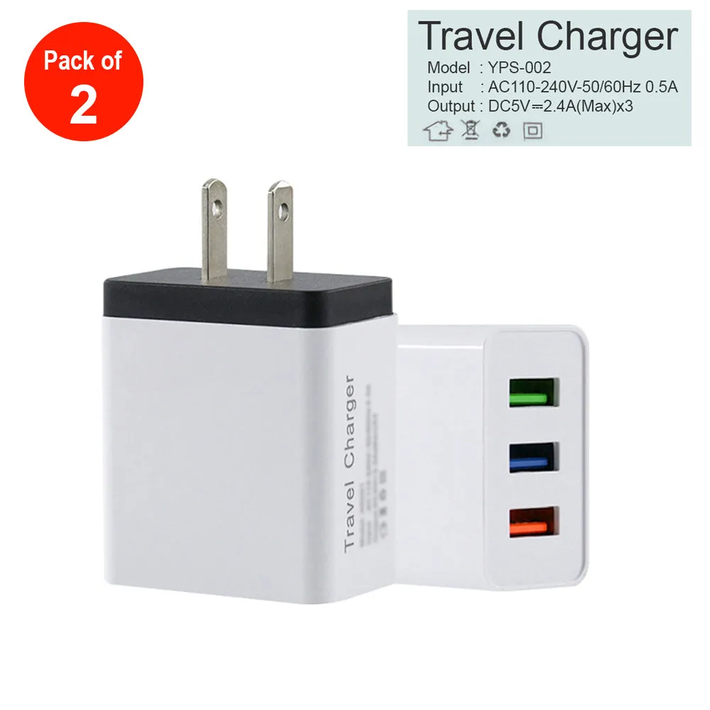 2.4A Metal Circle 3 USB Wall Charger AC Power Adapter - pack of 2