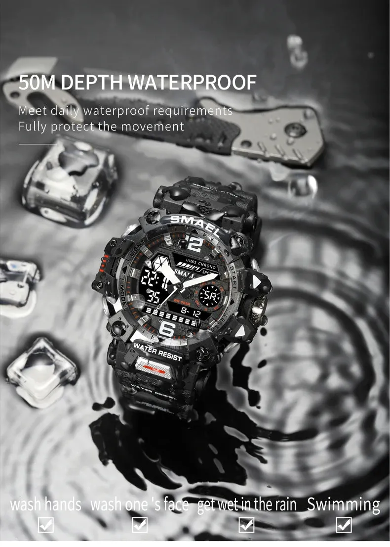 50m Waterproof Sports Men's Watch, Military Digital 8072 Dual Display Watch, Quartz  Led Digital