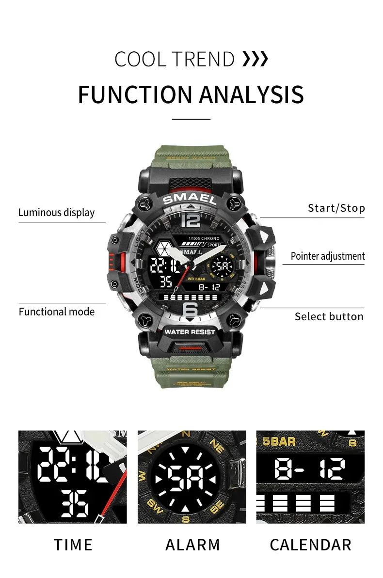 50m Waterproof Sports Men's Watch, Military Digital 8072 Dual Display Watch, Quartz  Led Digital