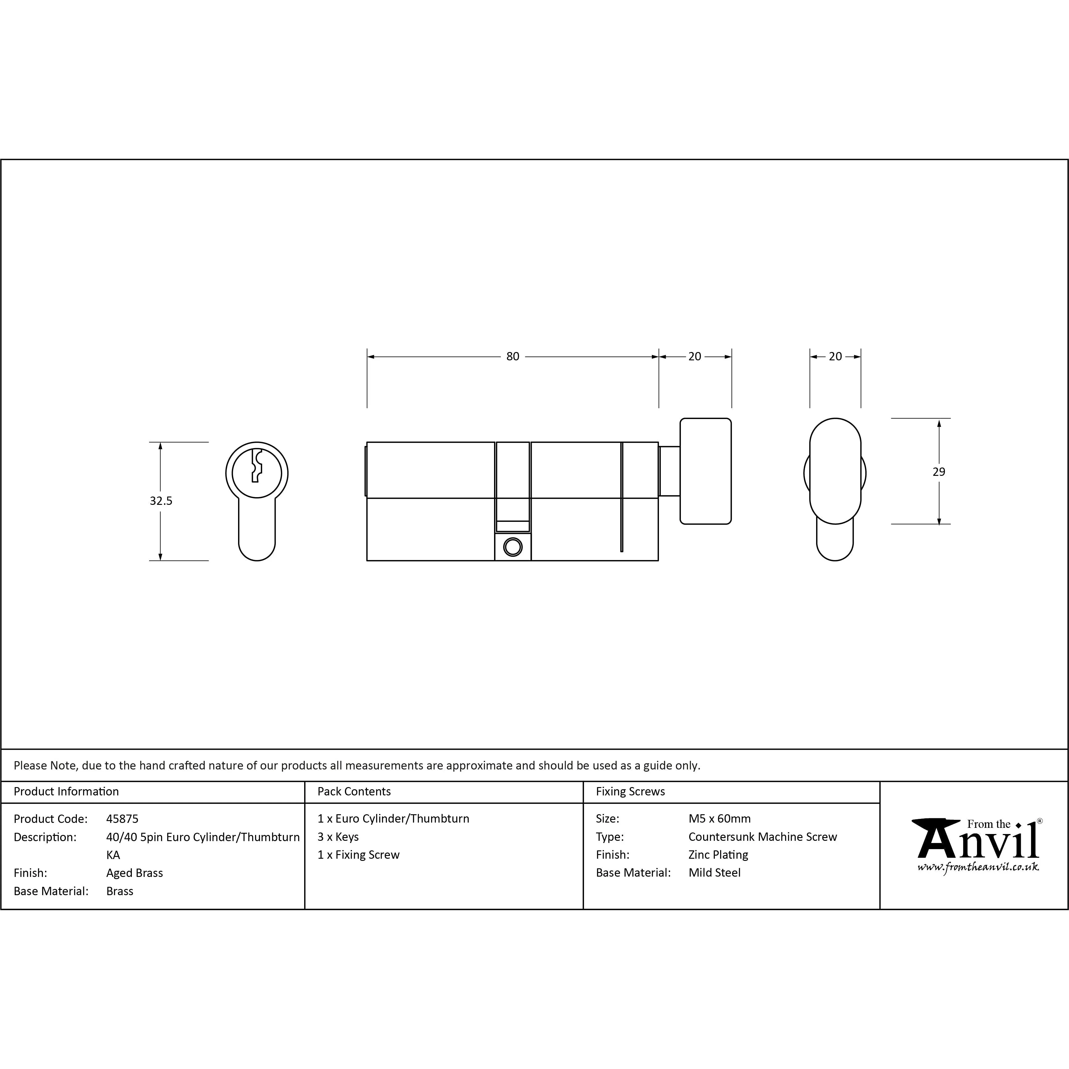 Aged Brass 40/40 5pin Euro Cylinder/Thumbturn KA | From The Anvil