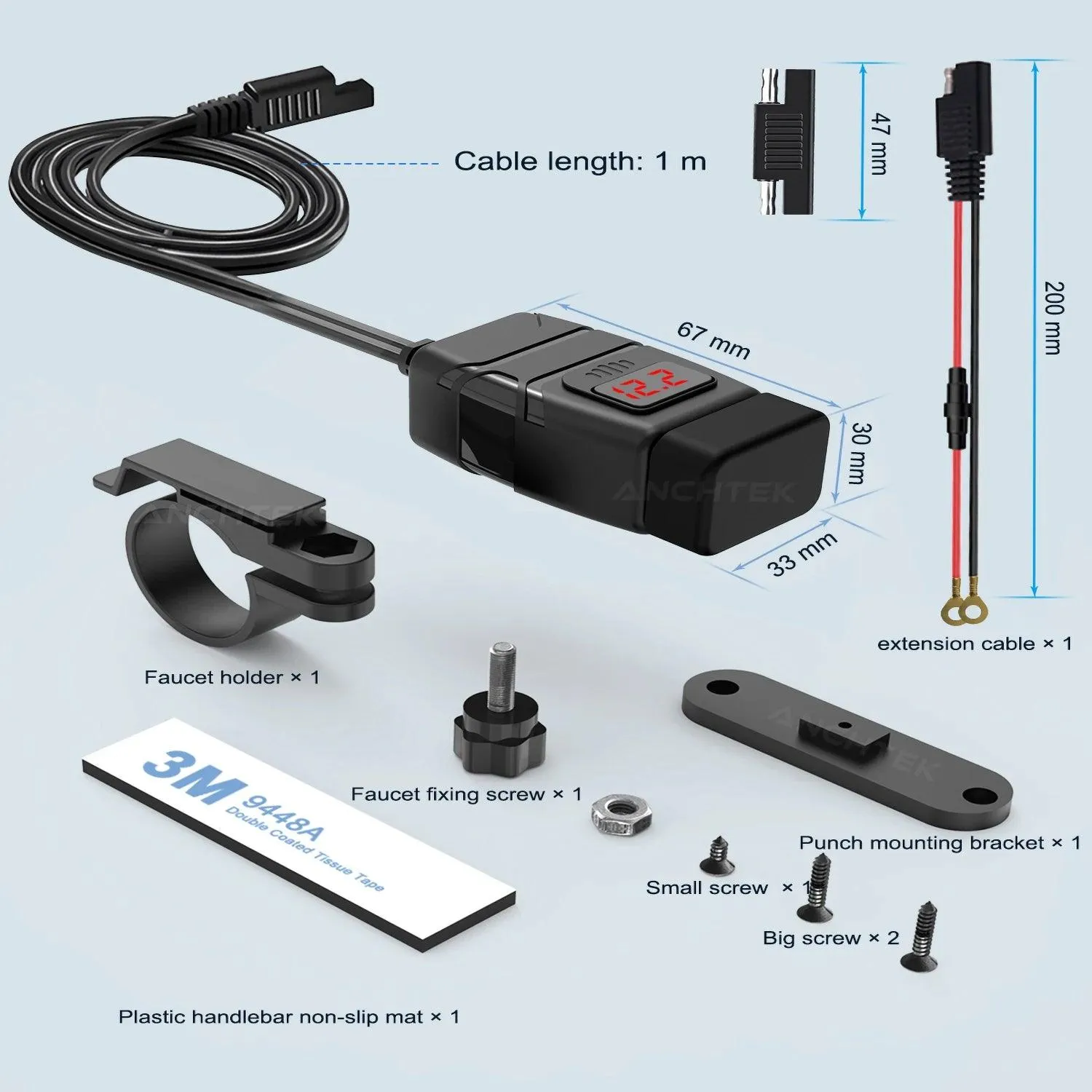 Anchtek Motorcycle USB Charger QC3.0 Handlebar Fast Charging Waterproof 12V Socket Adapter With Voltmeter Motorcycle Accessories