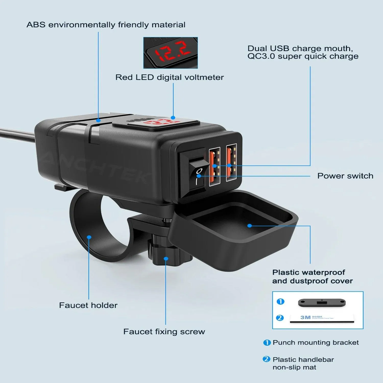 Anchtek Motorcycle USB Charger QC3.0 Handlebar Fast Charging Waterproof 12V Socket Adapter With Voltmeter Motorcycle Accessories