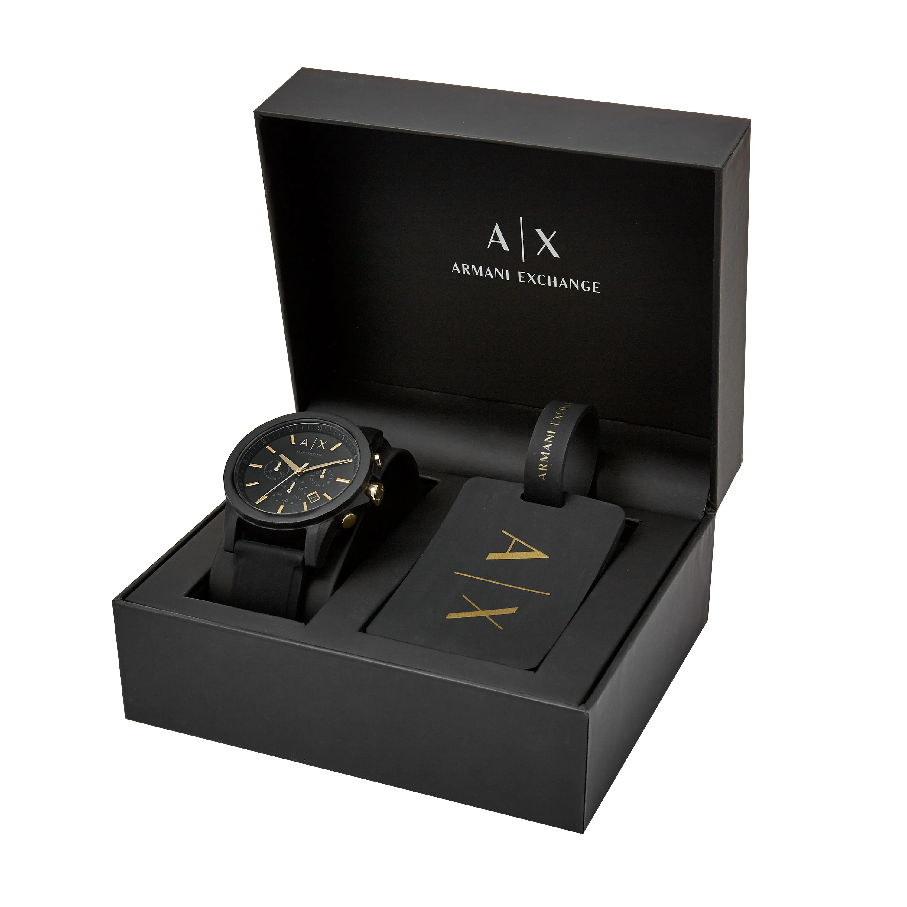 Armani Exchange Chronograph Black Silicone Watch and Luggage Tag Gift Set AX7105