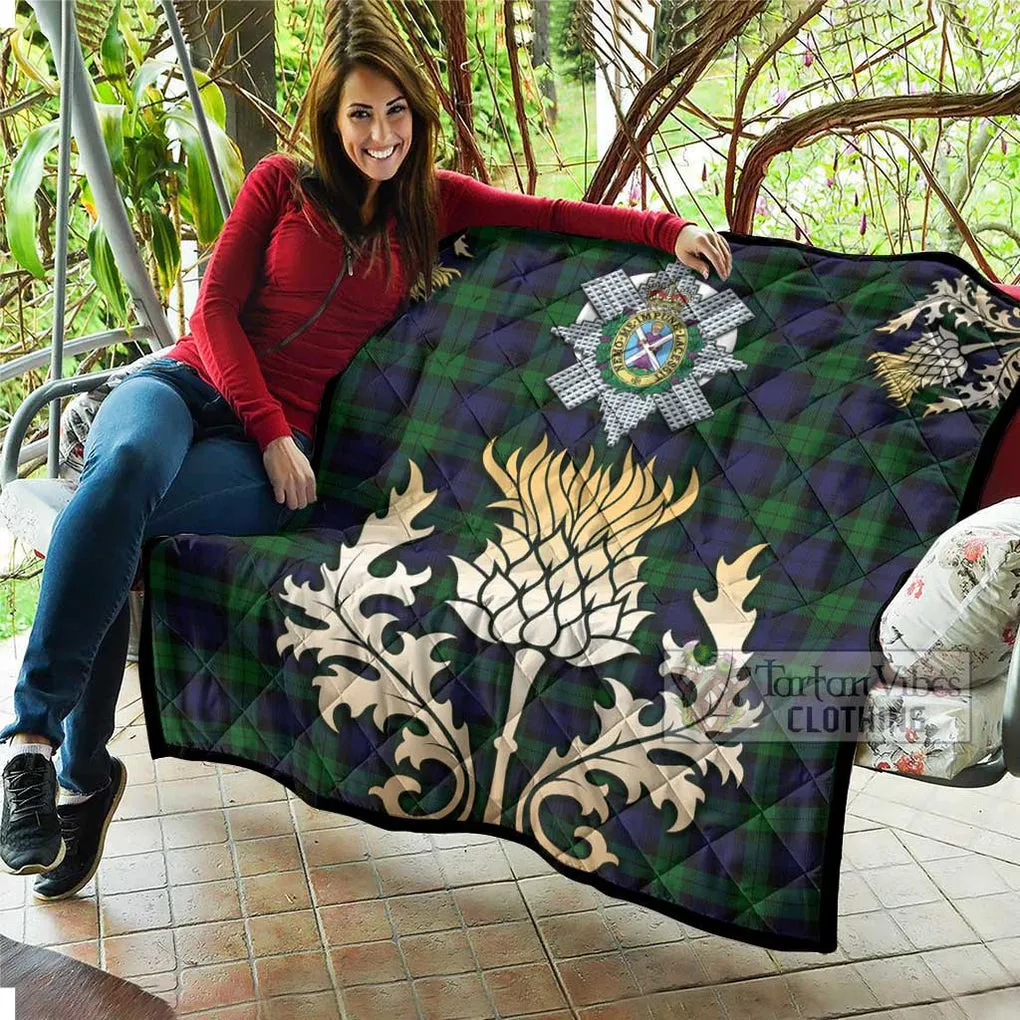 Black Watch Tartan Quilt with Family Crest and Golden Thistle Style