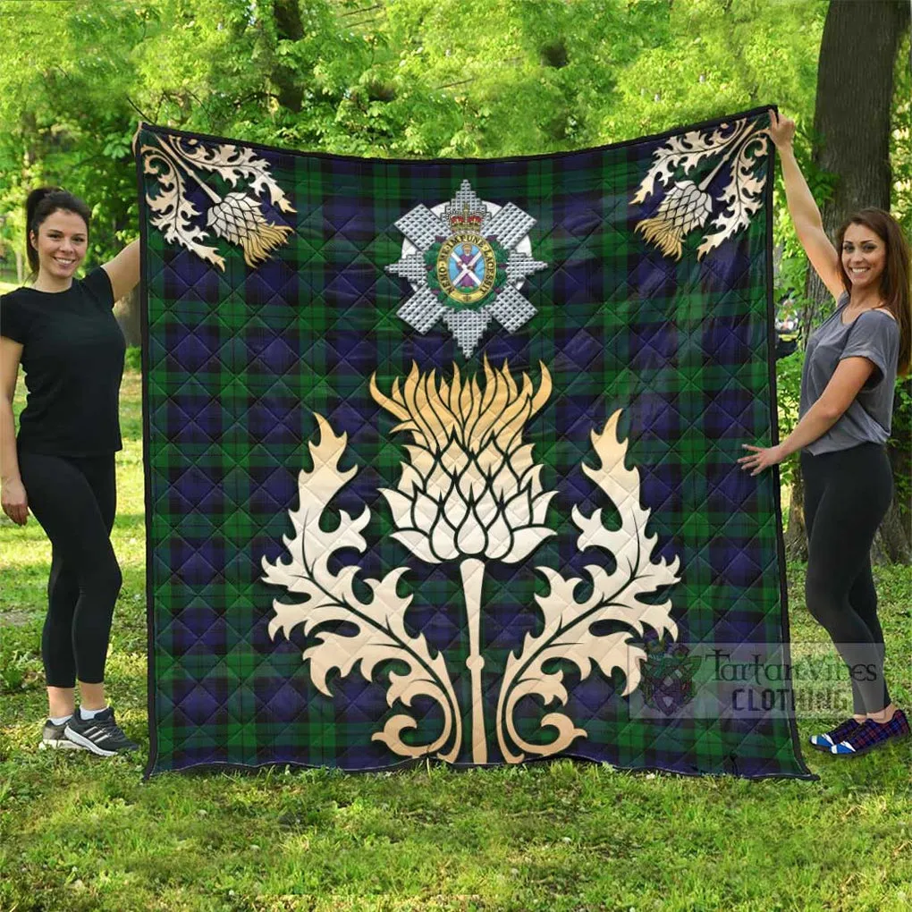 Black Watch Tartan Quilt with Family Crest and Golden Thistle Style