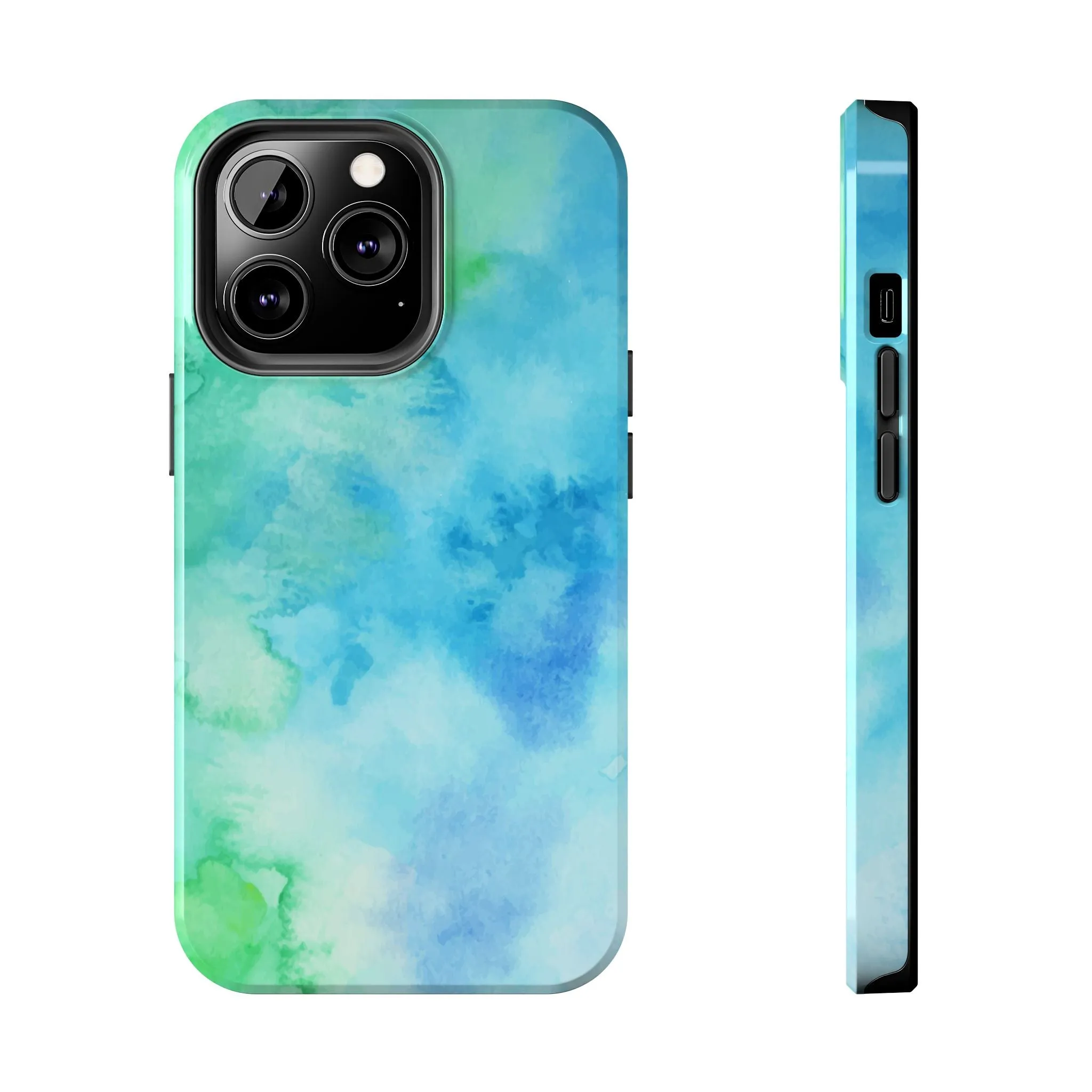 Blue Green Watercolor Tough Phone Case, Tie Dye Colorful Print Cute Cell Iphone 15 14 13 Pro Max 12 11 XS XR X 7 SE 8 Galaxy S24 S23 S22