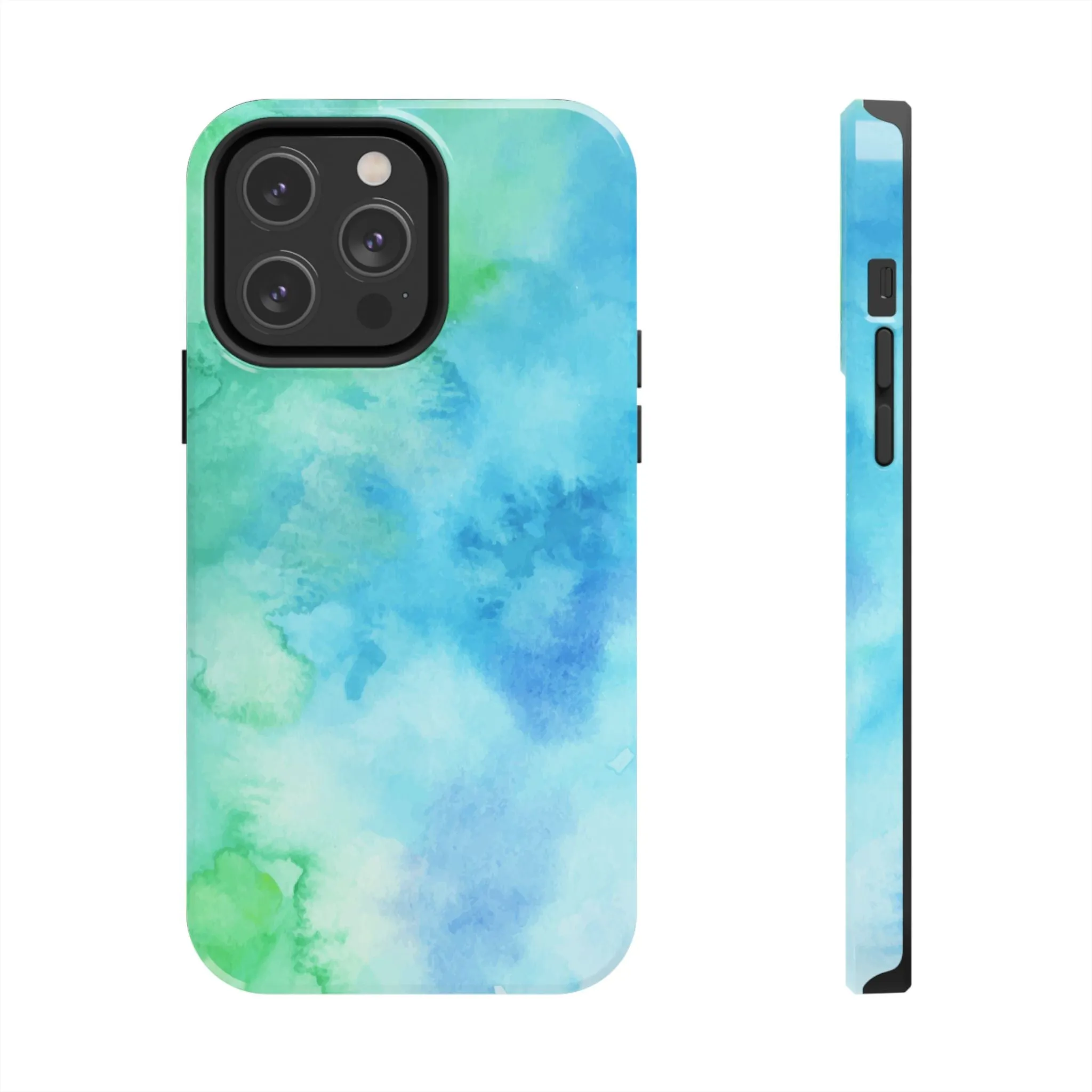 Blue Green Watercolor Tough Phone Case, Tie Dye Colorful Print Cute Cell Iphone 15 14 13 Pro Max 12 11 XS XR X 7 SE 8 Galaxy S24 S23 S22