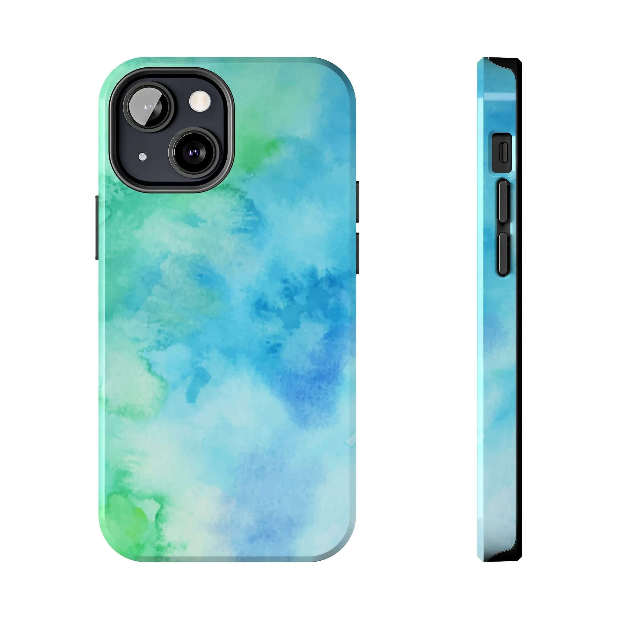 Blue Green Watercolor Tough Phone Case, Tie Dye Colorful Print Cute Cell Iphone 15 14 13 Pro Max 12 11 XS XR X 7 SE 8 Galaxy S24 S23 S22