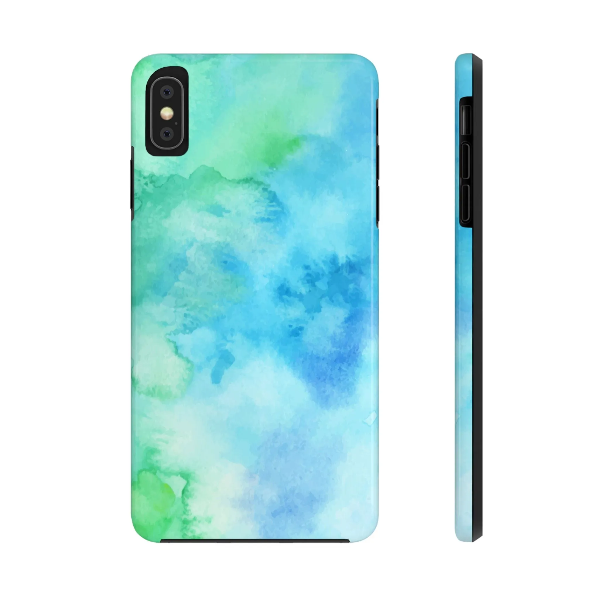 Blue Green Watercolor Tough Phone Case, Tie Dye Colorful Print Cute Cell Iphone 15 14 13 Pro Max 12 11 XS XR X 7 SE 8 Galaxy S24 S23 S22