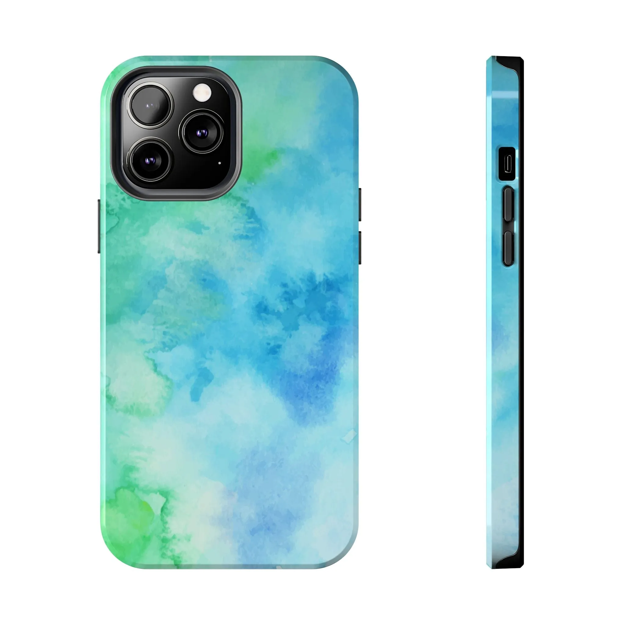 Blue Green Watercolor Tough Phone Case, Tie Dye Colorful Print Cute Cell Iphone 15 14 13 Pro Max 12 11 XS XR X 7 SE 8 Galaxy S24 S23 S22