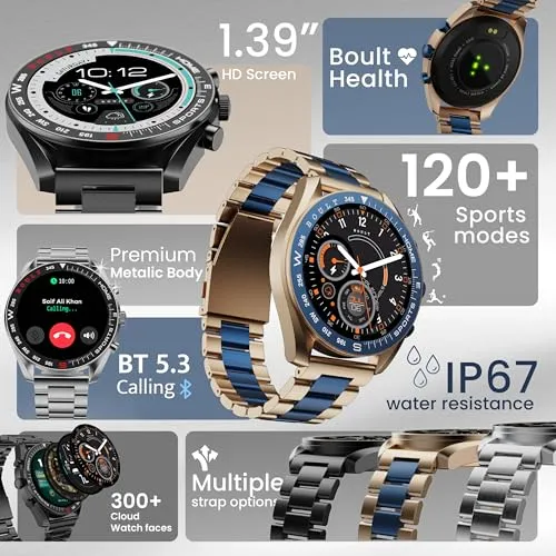 Boult Newly Launched Mirage Smart Watch 1.39''HD Screen, Bluetooth Calling, IP67, Zinc Alloy Frame, 500 Nits Brightness, AI Voice Assistant, SpO2 Monitoring, 120  Sports Mode (Coal Black)