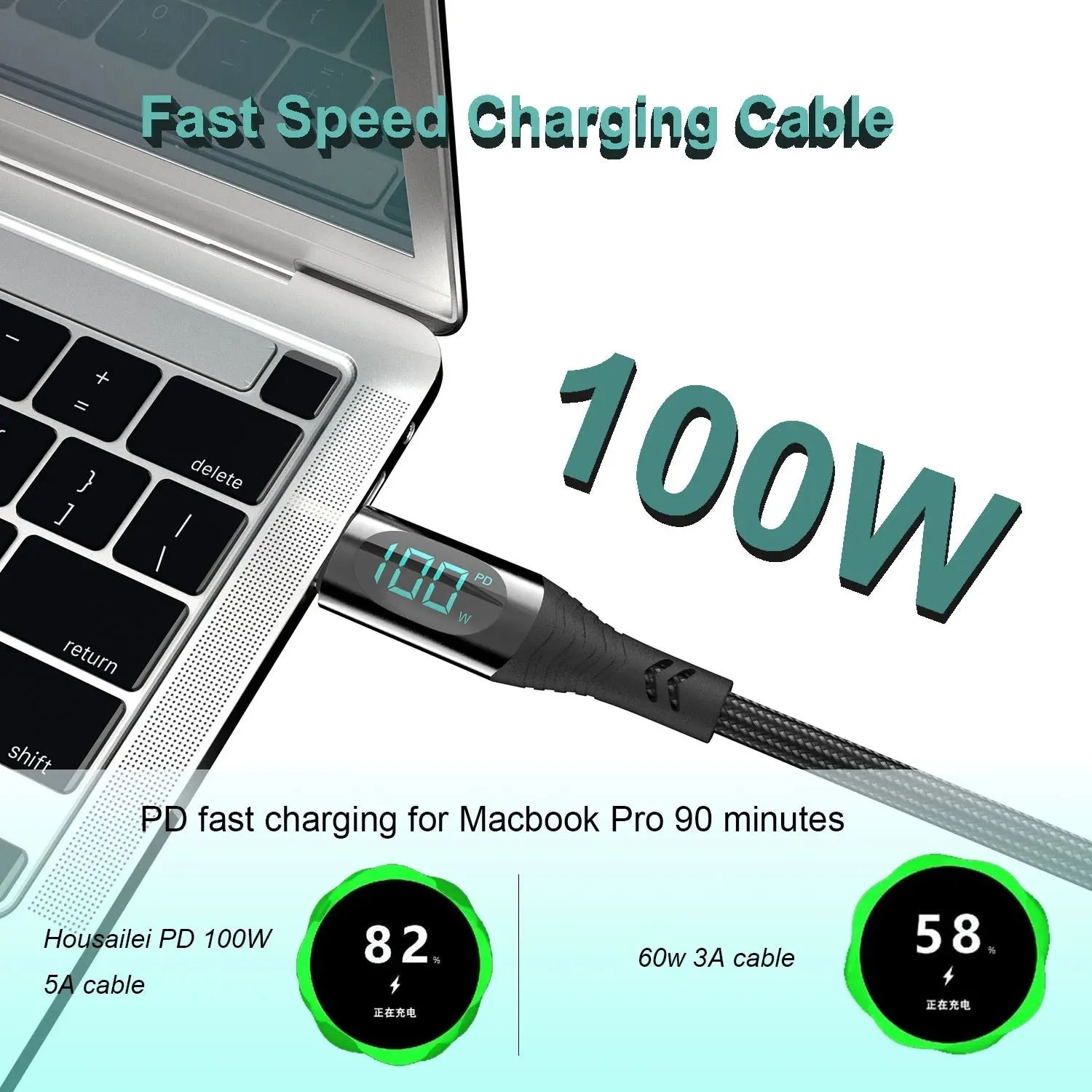 Cable charger type C with charg display fast charging