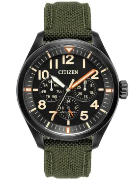 Citizen Eco-Drive Mens Chandler Watch - Day/Date - Black Dial - Green Nylon