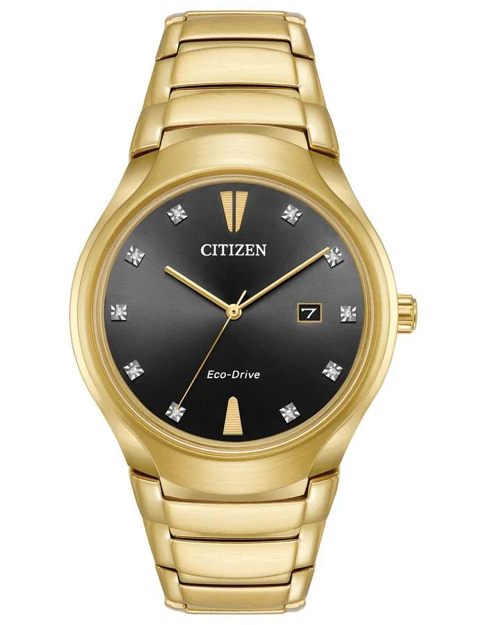 Citizen Mens Eco-Drive Diamond Watch - Gold-Tone - Bracelet - Black Dial - Date