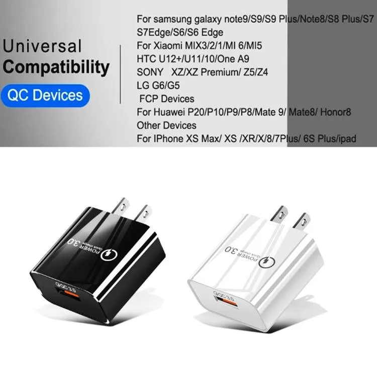 Compact 18W QC3.0 Fast Charger for Mobile Phones and Tablets, US Plug