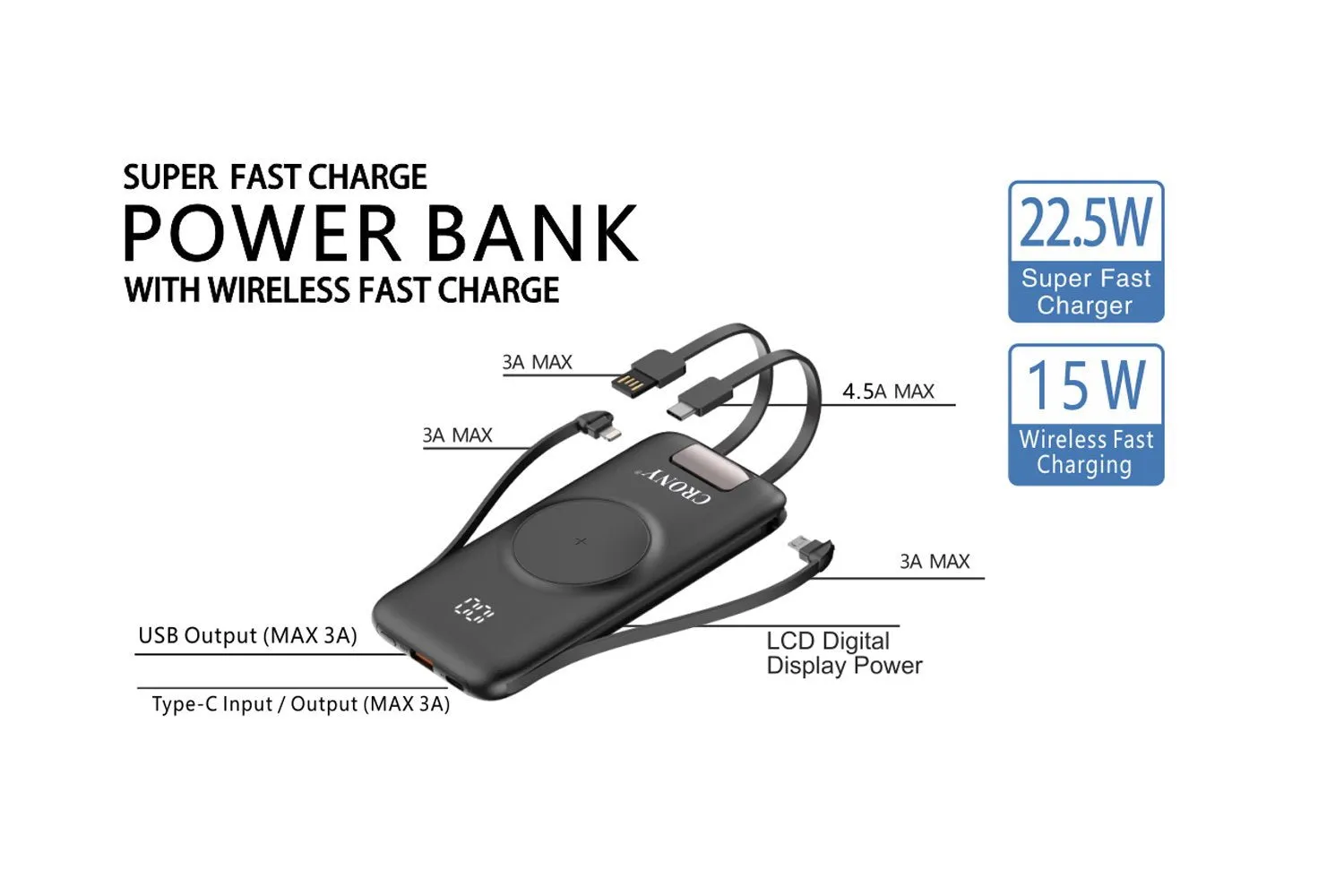 CRONY P2 Super fast charge   Wireless fast charge Comes with 4-wire QC3.0 PD 15W wireless charging 20000mAh  power bank