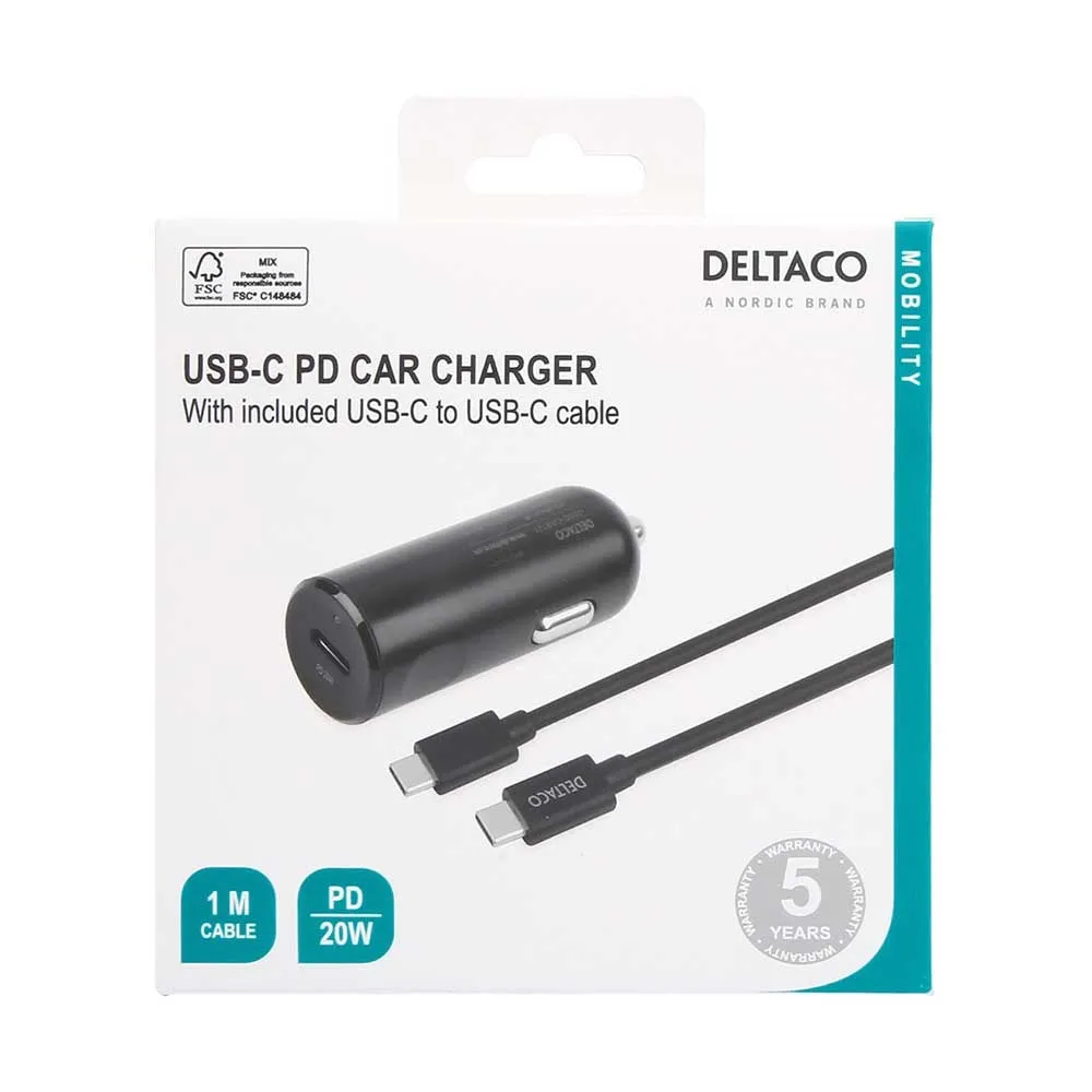 Deltaco PD (Power Delivery) 20W Biloplader m. USB-C Kabel - Sort