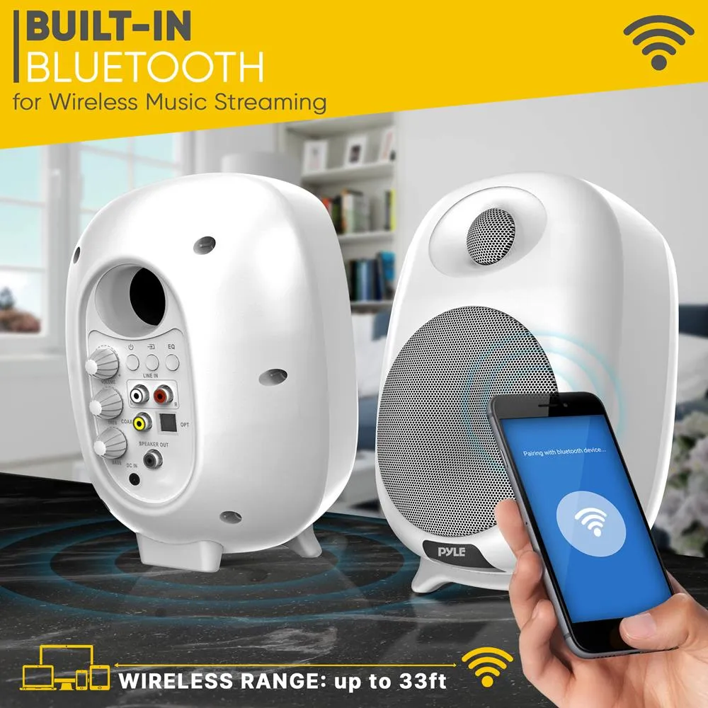 Desktop Bluetooth Bookshelf Speakers - Hifi Studio Monitor Computer Desk Stereo Speaker System, Connections And Studio Quality Sound, White (60Watt Max)