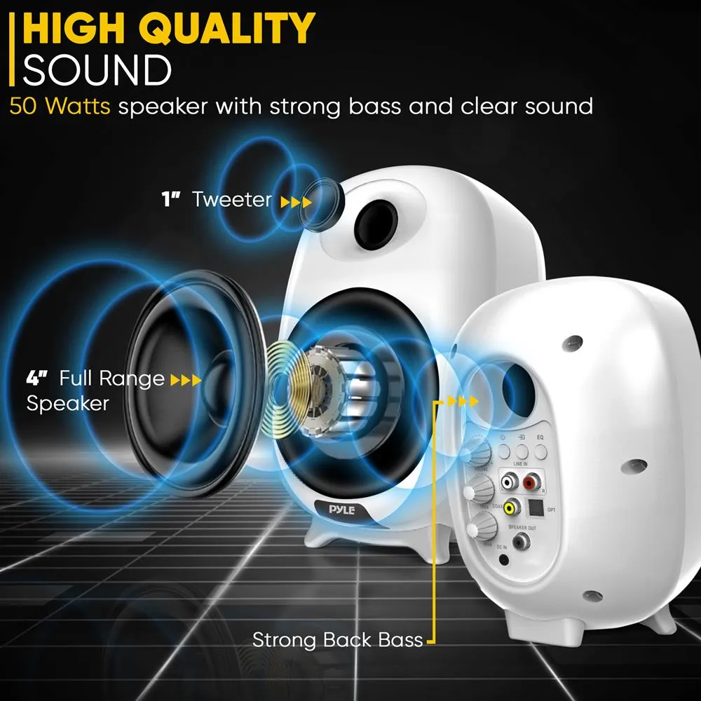 Desktop Bluetooth Bookshelf Speakers - Hifi Studio Monitor Computer Desk Stereo Speaker System, Connections And Studio Quality Sound, White (60Watt Max)