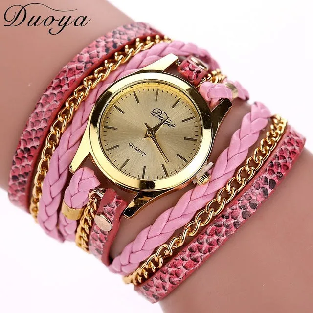 Duoya Brand Quartz Watches Women Gold Geneva Ladies Dress Gold Bracelet Wristwatch Woven Leopard Duoya Bracelet Luxury Watches