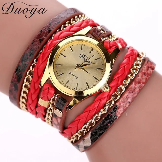 Duoya Brand Quartz Watches Women Gold Geneva Ladies Dress Gold Bracelet Wristwatch Woven Leopard Duoya Bracelet Luxury Watches