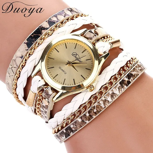 Duoya Brand Quartz Watches Women Gold Geneva Ladies Dress Gold Bracelet Wristwatch Woven Leopard Duoya Bracelet Luxury Watches