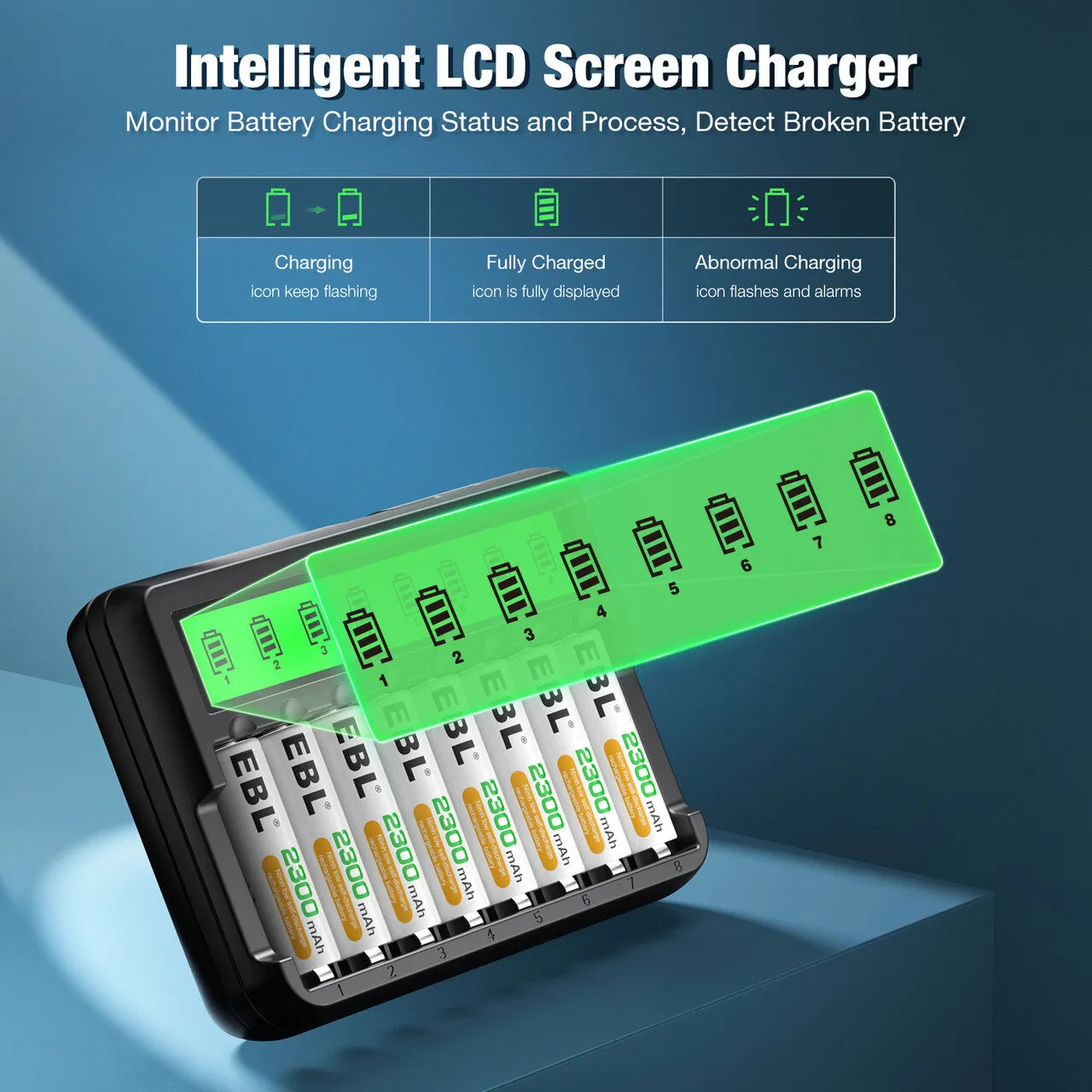 EBL 8 Bay LCD AA AAA Battery Charger with Built-in Cable