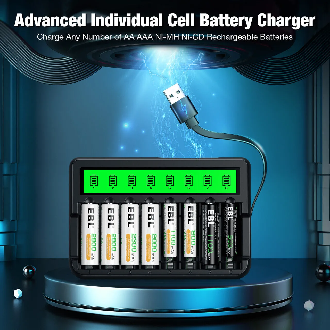 EBL 8 Bay LCD AA AAA Battery Charger with Built-in Cable