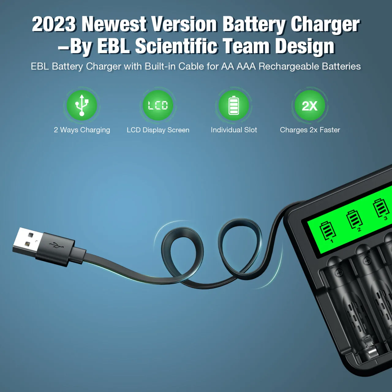 EBL 8 Bay LCD AA AAA Battery Charger with Built-in Cable