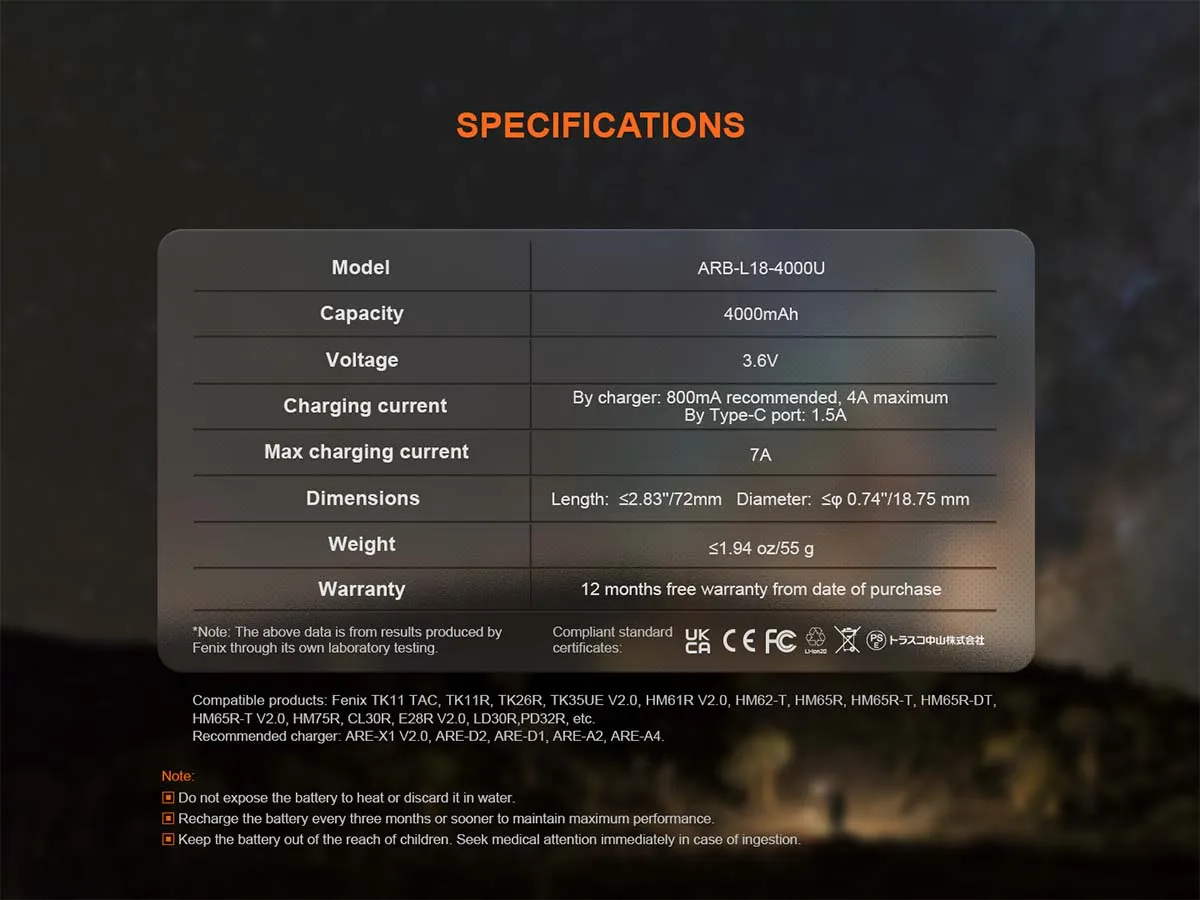 Fenix ARB-L18-4000U Rechargeable Battery