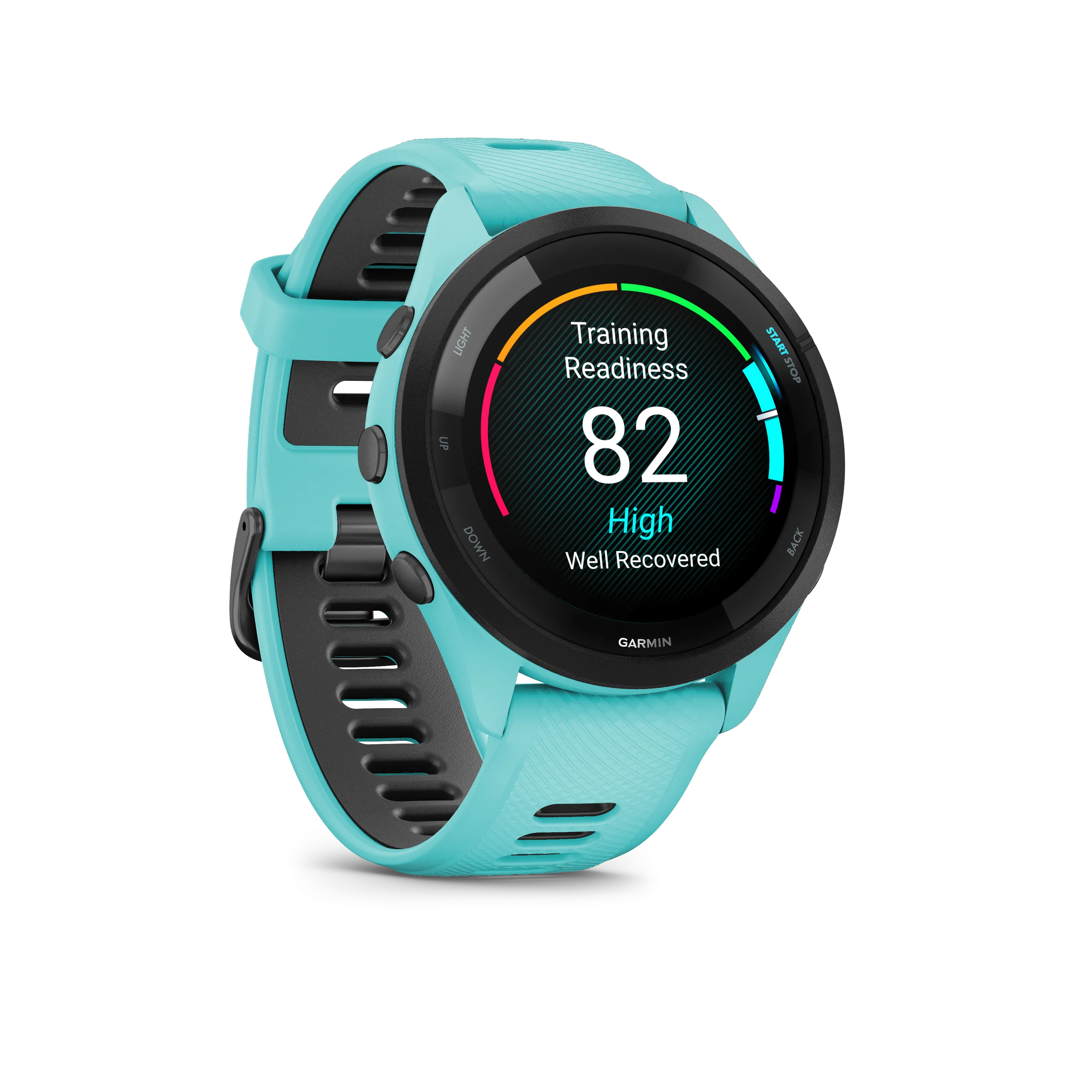 Forerunner® 265 (Black Bezel with Aqua Case and Aqua/Black Silicone Band)