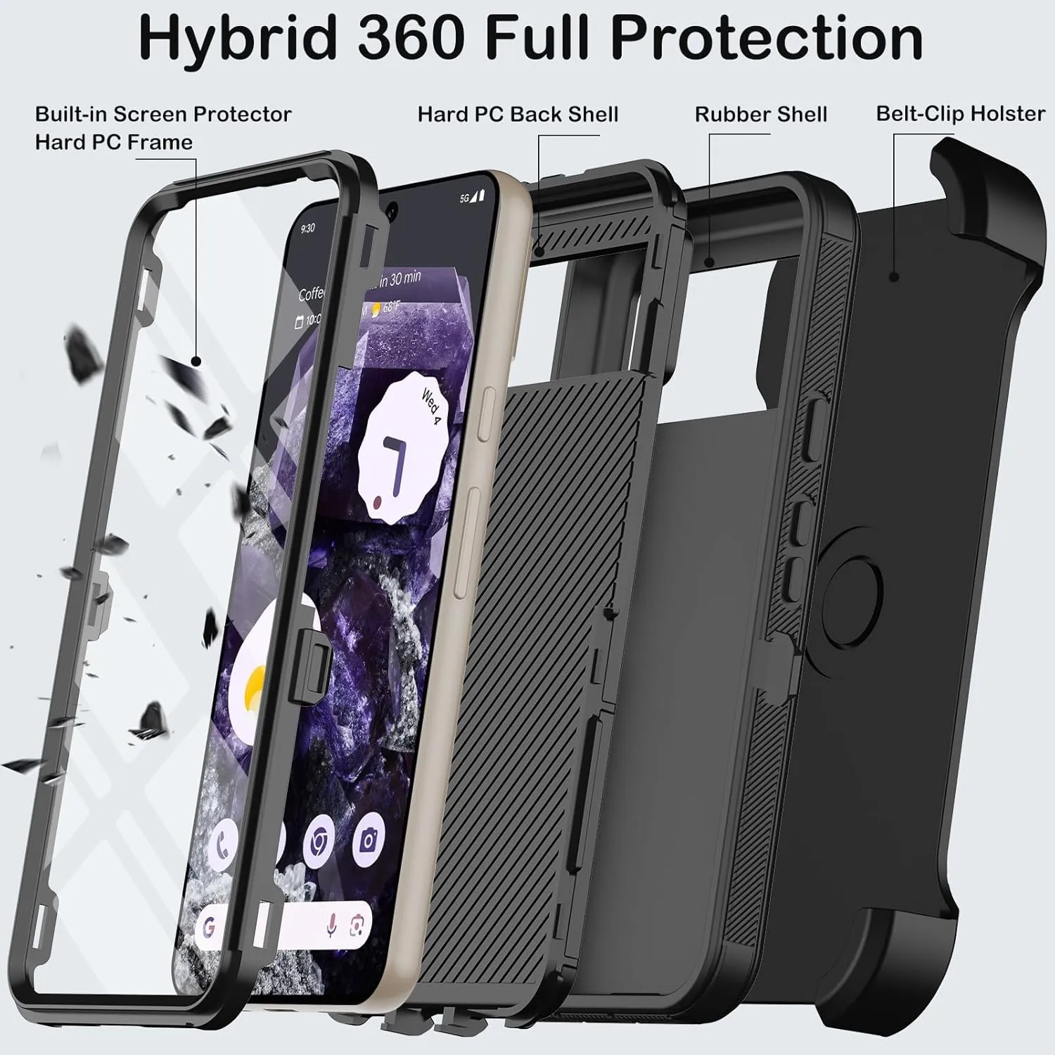 Google Pixel 9 Case Pro Case  Protector Belt Clip Holster Body Cover with Kickstand Black