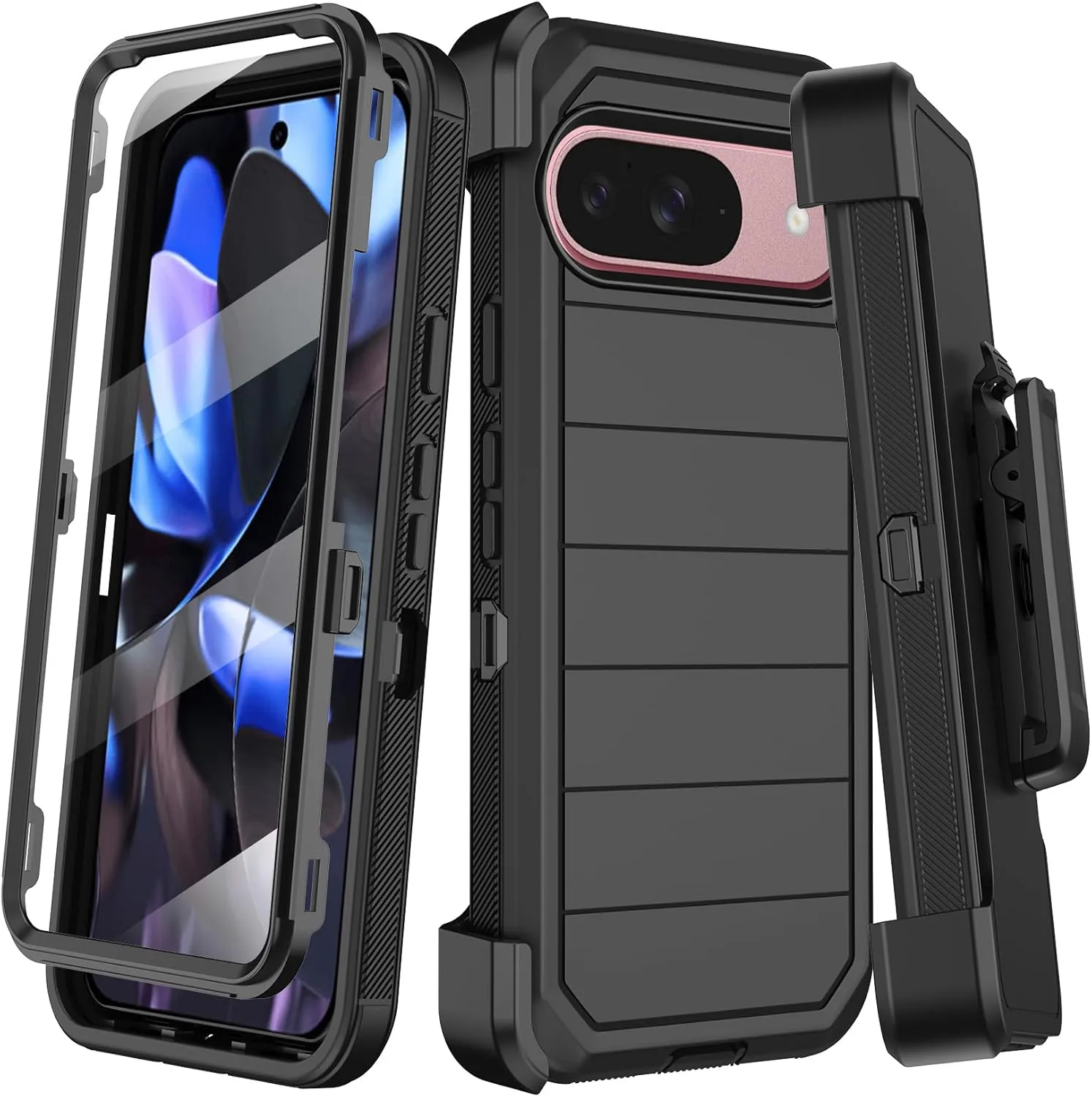 Google Pixel 9 Case Pro Case  Protector Belt Clip Holster Body Cover with Kickstand Black