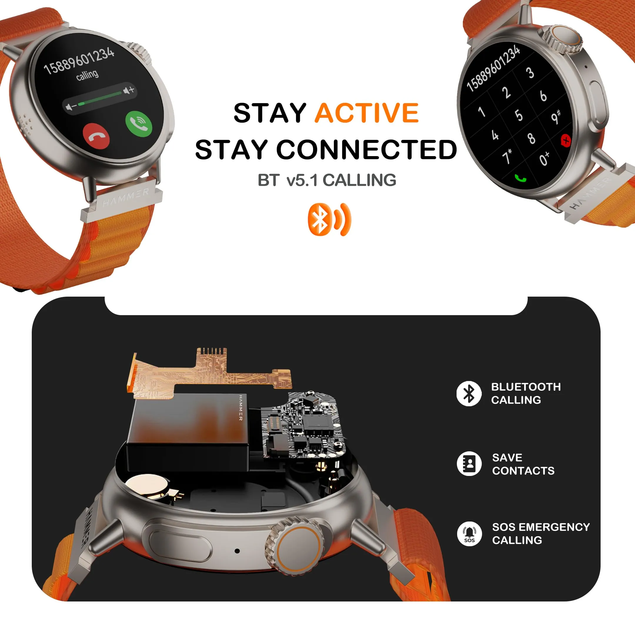 HAMMER Active 3.0 1.39" Round Dial Smart Watch for Men, Always On Display, Metallic Body, Bluetooth Calling, Notifications (Pop Orange)