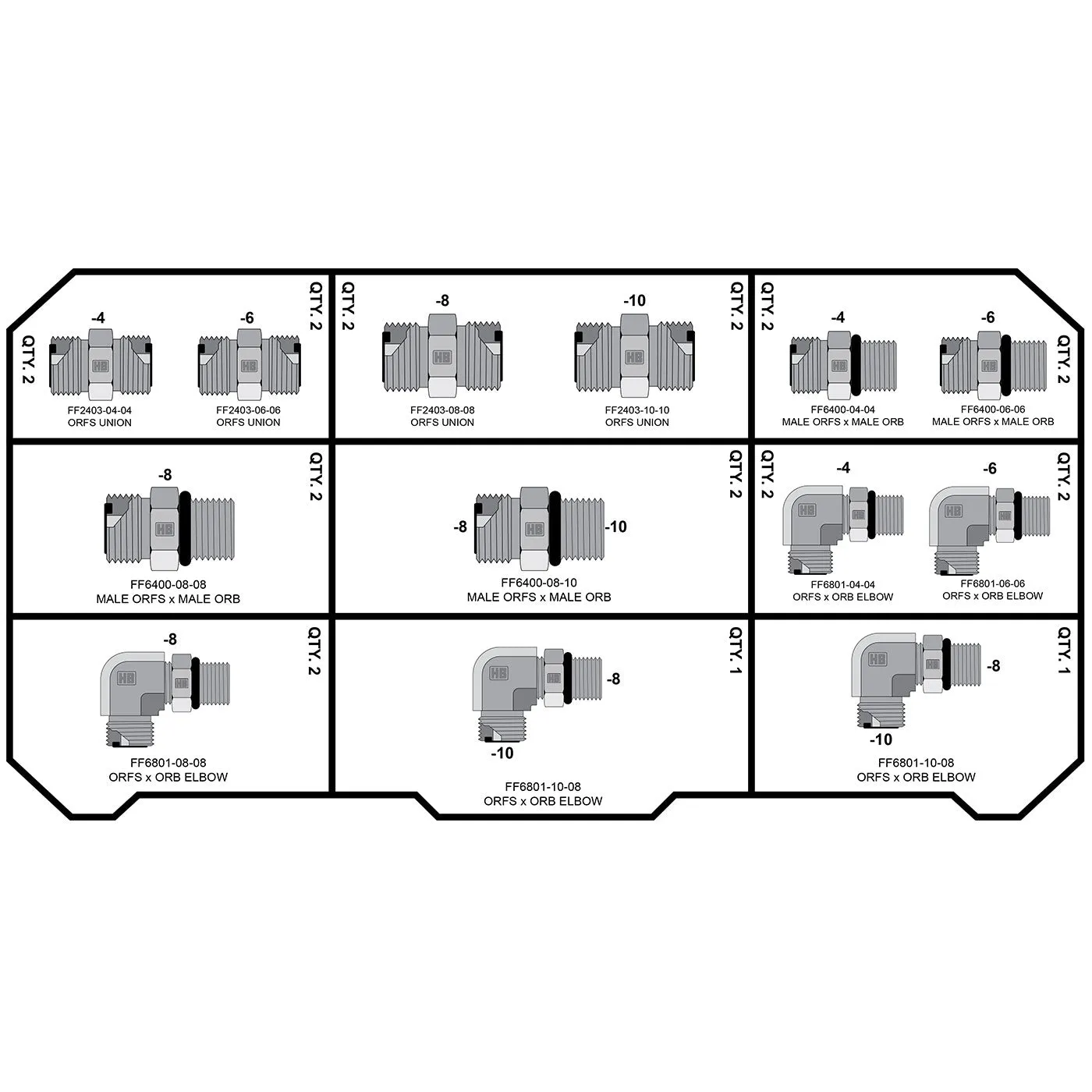 HOSEBOX Fitting Pack for FACE SEAL (ORFS) to ORB (O-Ring Boss) adapters