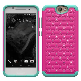 HTC One A9 Rhinestone Case , Slim Hybrid Dual Layer[Shock Resistant] Crystal Rhinestone Studded Case Cover - Hot Pink/Teal