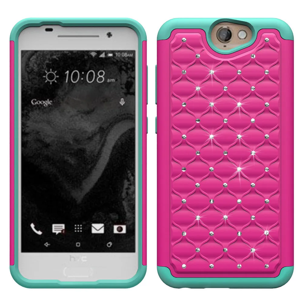 HTC One A9 Rhinestone Case , Slim Hybrid Dual Layer[Shock Resistant] Crystal Rhinestone Studded Case Cover - Hot Pink/Teal