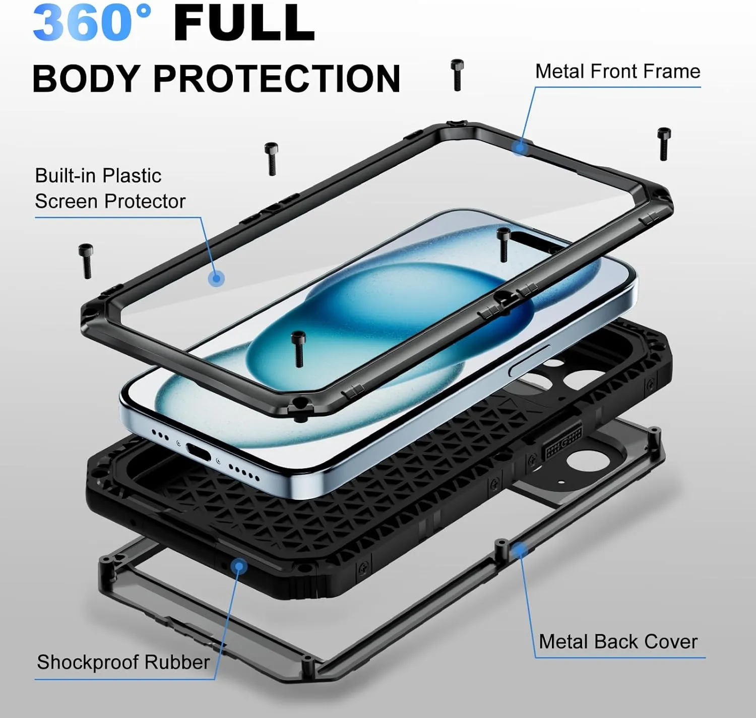 iPhone 15 Case Metal Heavy Duty Full Body Protective Defender Rugged Cover