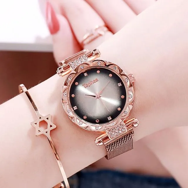 Ladies Rose Gold Watch Starry Sky Magnetic Waterproof