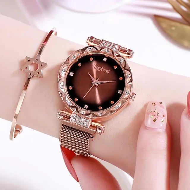 Ladies Rose Gold Watch Starry Sky Magnetic Waterproof