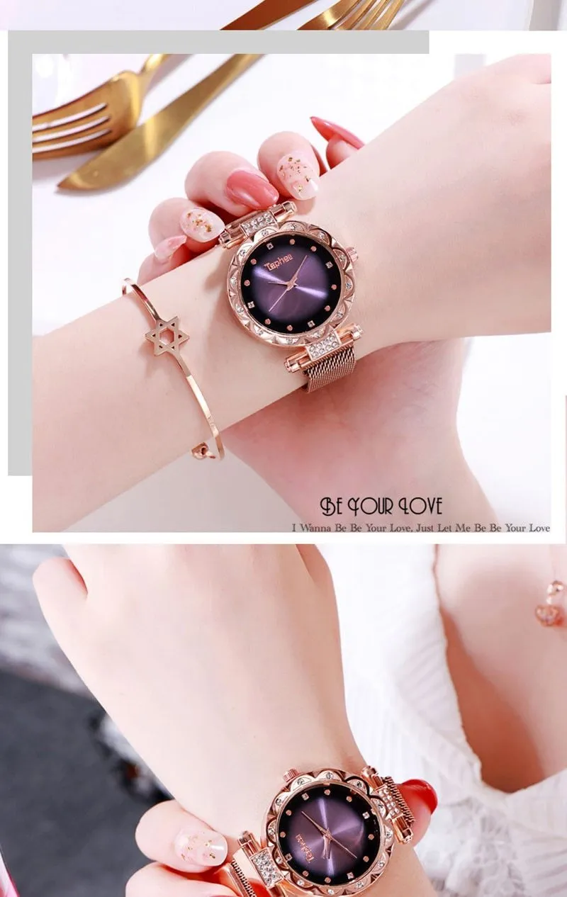 Ladies Rose Gold Watch Starry Sky Magnetic Waterproof