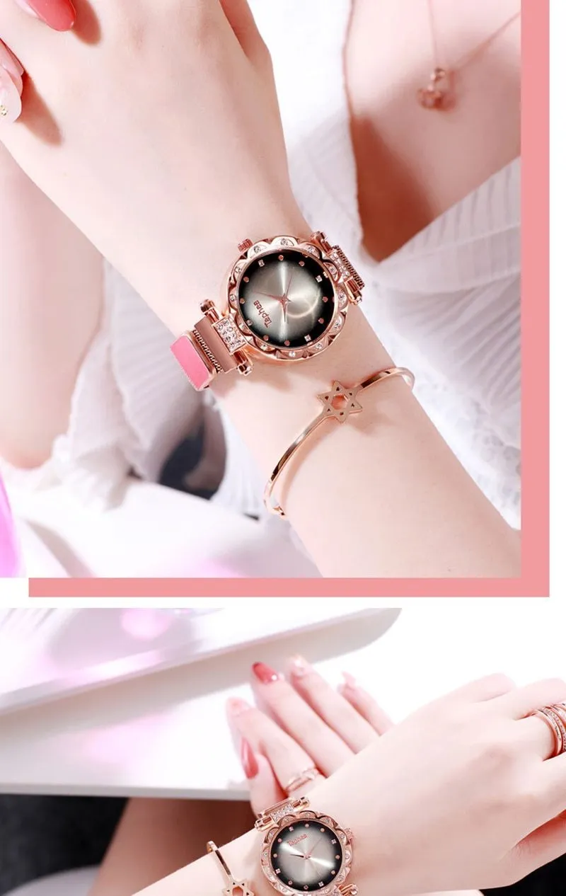 Ladies Rose Gold Watch Starry Sky Magnetic Waterproof