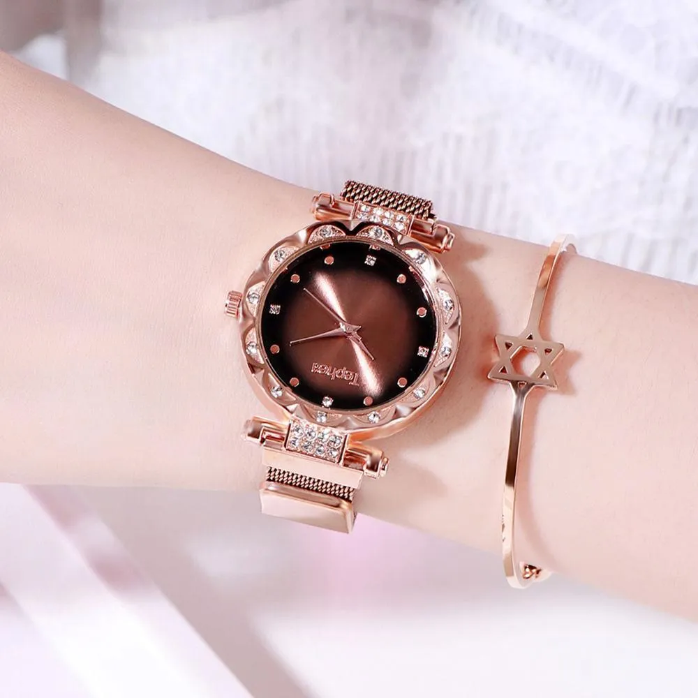 Ladies Rose Gold Watch Starry Sky Magnetic Waterproof